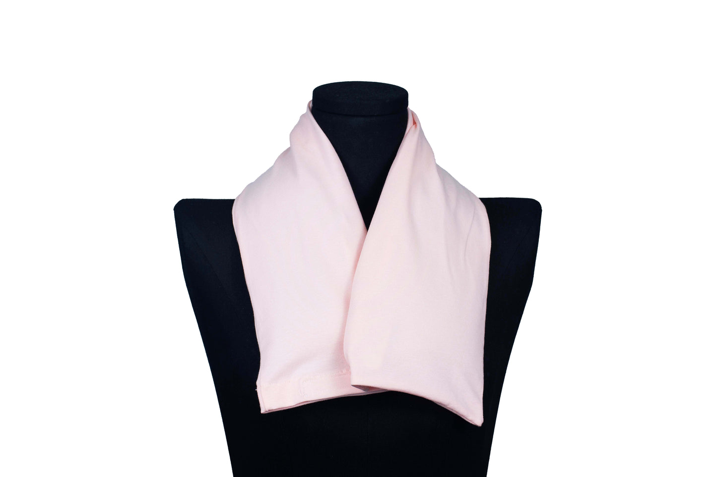 Pink handmade organic microwavable heated neck wrap for natural neck pain relief on a mannequin