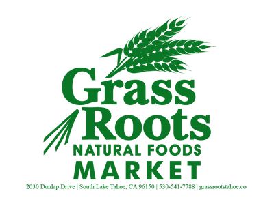 Logo of Grass Roots Natural Foods Market with green text and wheat design on a white background
