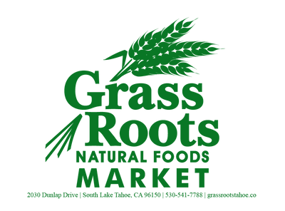 Grass Roots Natural Foods Market logo with green text on a black background