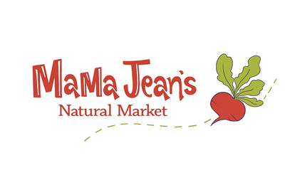 Logo of Mama Jean's Natural Market with a radish and leaves on a black background