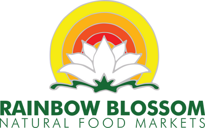 Logo of Rainbow Blossom Natural Food Markets with a white flower on a yellow background