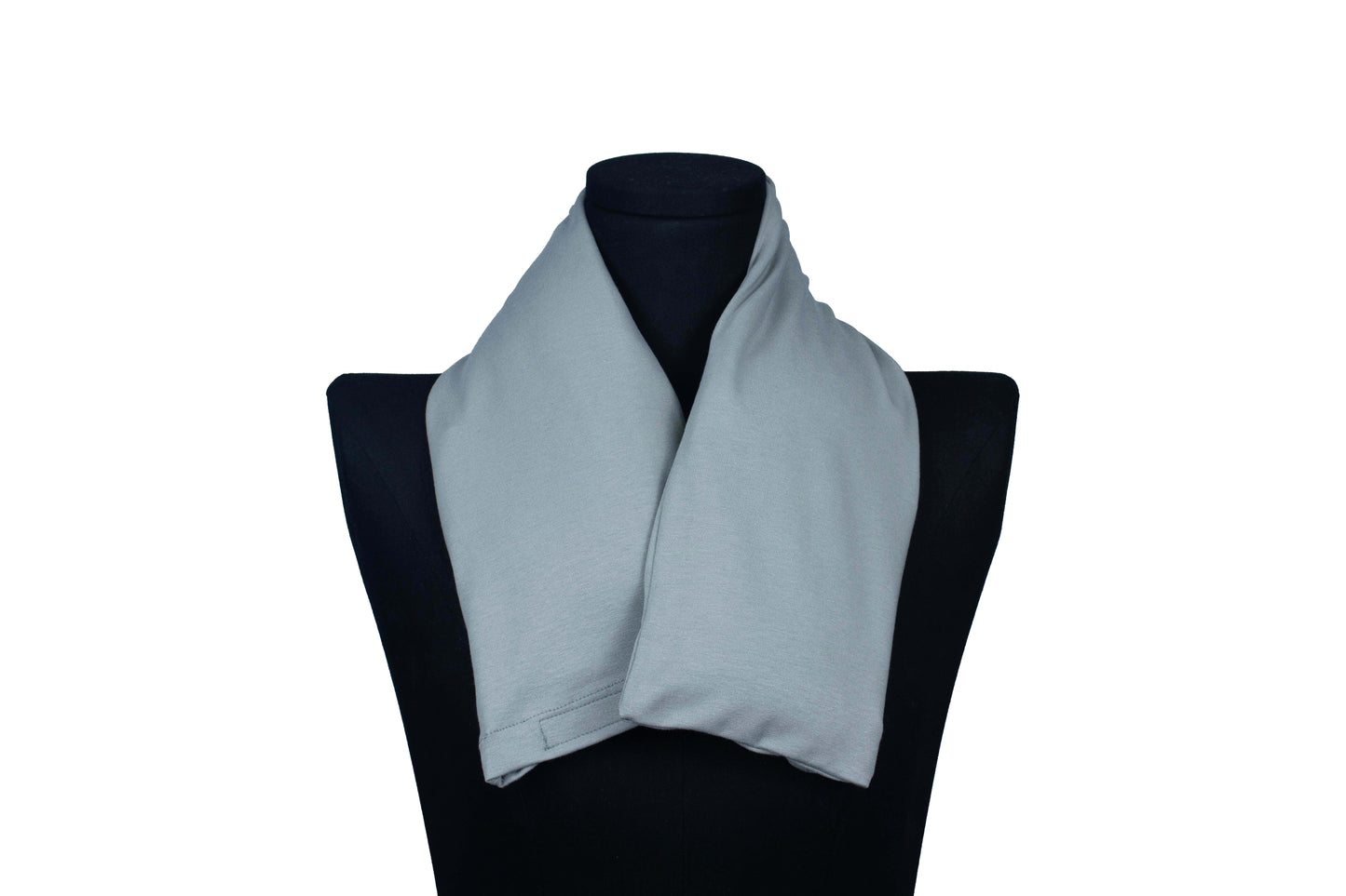 Gray handmade organic microwavable heated neck wrap for natural neck pain relief on a mannequin