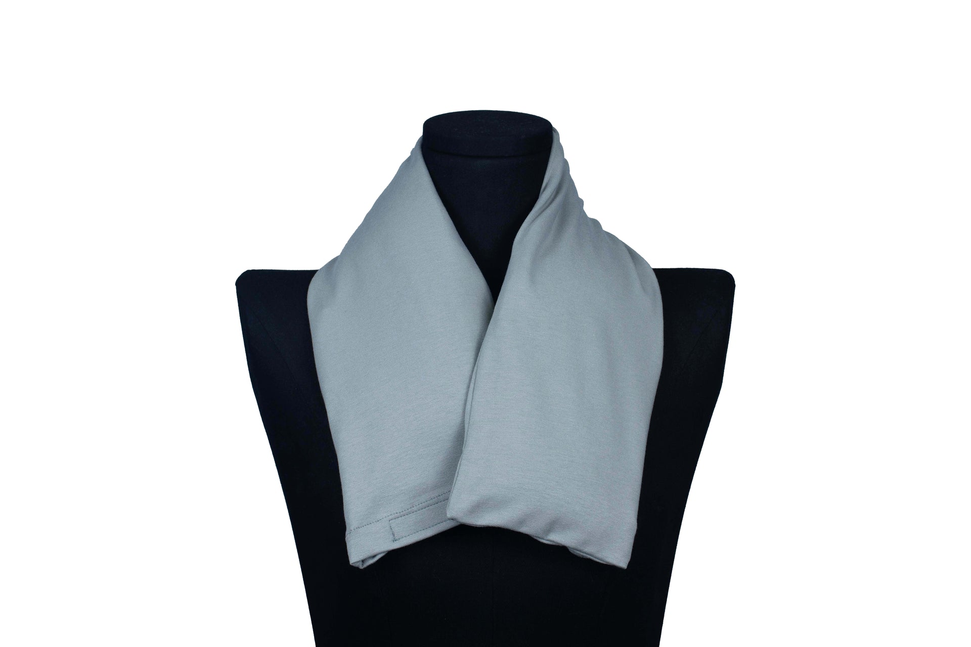 Gray handmade organic microwavable heated neck wrap for natural neck pain relief on a mannequin