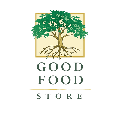 Logo of Good Food Store with a tree design on a black background